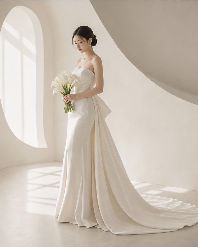 原站公开的 AI 婚纱场景示意：白色礼服与自然光影